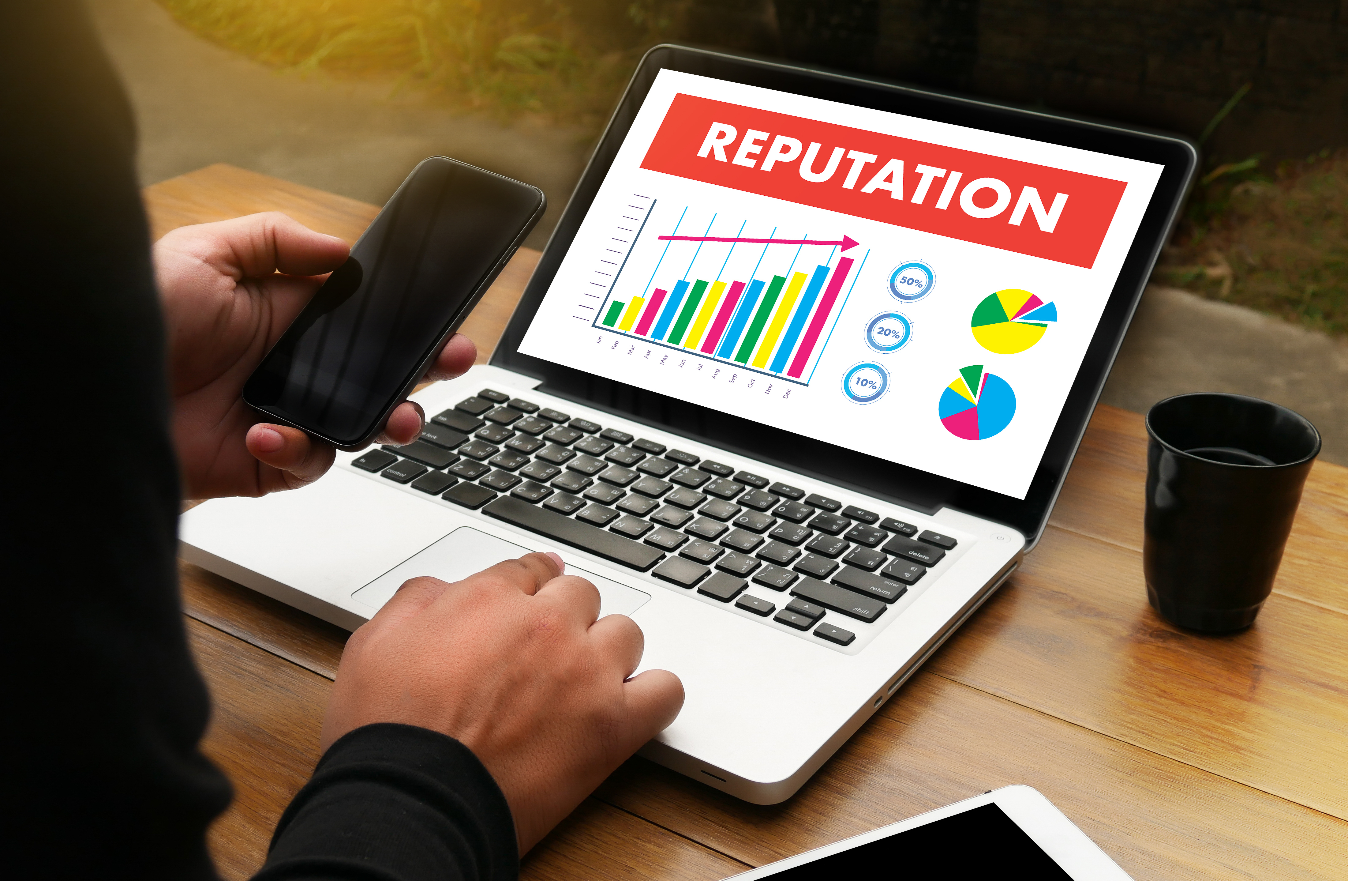 person sits in front
            of the computer, on the screen - graph representing reputation